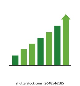 Una Ilustración vectorial de diseño plano limpio y minimalista de un gráfico de barras que muestra valores crecientes con una flecha hacia arriba, que simboliza el crecimiento del negocio, el éxito financiero y el progreso positivo.