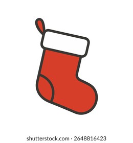 A clean and minimalist flat design vector illustration of a red Christmas stocking with a white cuff, symbolizing festive holidays, gifts, and winter celebrations. Perfect for seasonal designs. 