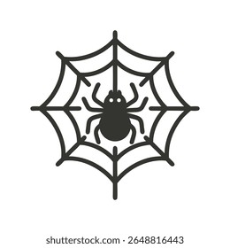 A clean and minimalist flat design vector illustration of a solid black spider on its web, perfect for conveying themes of Halloween, mystery, and nature. Ideal for festive designs, spooky content.