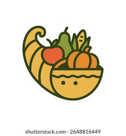 A clean and minimalist flat design vector illustration of a cornucopia overflowing with fruits and vegetables, symbolizing harvest, abundance, and prosperity. Perfect for Thanksgiving, autumn designs.