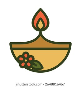 A clean and minimalist flat design vector illustration of a traditional Diwali Diya lamp with a burning flame and floral decoration. Perfect for conveying themes of Diwali, light, celebration.