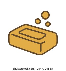 A clean and minimalist flat design vector illustration of a bar of soap with floating bubbles, symbolizing hygiene, cleanliness, and personal care. Perfect for bathroom themes.