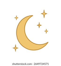 A clean and minimalist flat design vector illustration of a crescent moon surrounded by stars, symbolizing night, dreams, magic, and celestial beauty. Perfect for children's content, spiritual themes