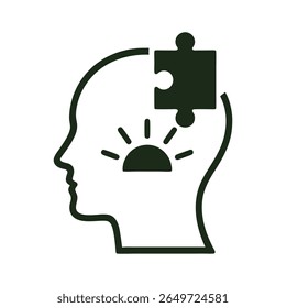 A clean and minimalist flat design vector illustration of a human head profile with a puzzle piece fitting in and a rising sun inside, symbolizing problem-solving, new ideas, and mental clarity.