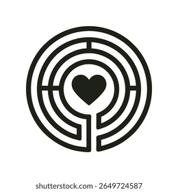 A clean and minimalist flat design vector illustration of a circular labyrinth with a heart at its core, symbolizing a journey to love, personal discovery, or finding inner peace, spiritual.