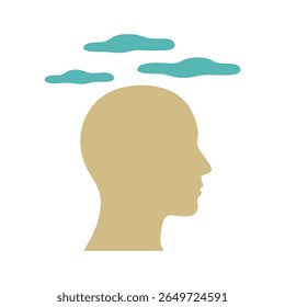 Ein sauberes und minimalistisches flaches Design, Vektorgrafik eines menschlichen Kopfes mit Wolken darüber, die Gedanken, Ideen, Kontemplation und mentale Prozesse symbolisieren. Perfekt für Psychologie, Wellness-Inhalte.