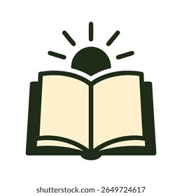 Um vetor de design plano limpo e minimalista ilustração de um livro aberto com um sol nascente, simbolizando conhecimento, aprendizagem, sabedoria e novos começos. Perfeito para conteúdo educacional.