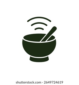 Uma ilustração vetorial de design plano limpo e minimalista de uma tigela com uma colher e ondas de aroma, simbolizando cheiros deliciosos, culinária e experiências sensoriais. Perfeito para blogs gastronômicos, aplicativos culinários.