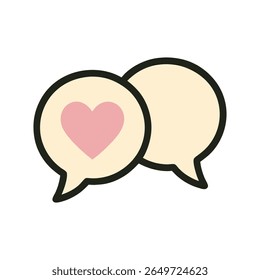A clean and minimalist flat design vector illustration of two overlapping speech bubbles, one containing a pink heart, symbolizing love messages, positive communication, and social interaction.