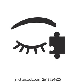 A clean and minimalist flat design vector illustration of a closed eye with a puzzle piece, symbolizing sleep, dreams, intuition, or the completion of understanding. Perfect for mental health.