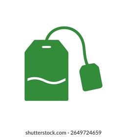 A clean and minimalist flat design vector illustration of a solid green tea bag with a string and tag, symbolizing tea, hot drinks, and relaxation. Perfect for cafes, beverage brands.