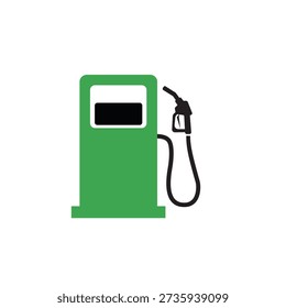 A clean, minimalist flat design vector illustration of a green gas station pump with a black nozzle and hose. Ideal for themes involving fuel, automotive services, transportation logistics, energy resources, and sustainable or eco-friendly fuel concepts.