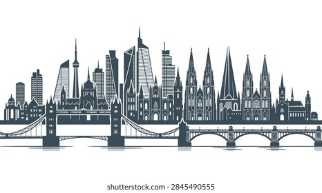 A clean and minimalist flat design vector illustration of the Pittsburgh, Pennsylvania skyline. The visual showcases the city's unique geography at the confluence of the three rivers, featuring stylized silhouettes of downtown skyscrapers, iconic bridges, and urban architecture in a wide-angle panoramic format.