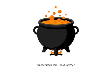 A clean, minimalist flat design vector illustration featuring a traditional black witch's hat. The hat has a vibrant orange strap and a yellow gold rectangular buckle, set against a dark navy blue background filled with various sizes of glowing yellow stars and light sparkles for Halloween.