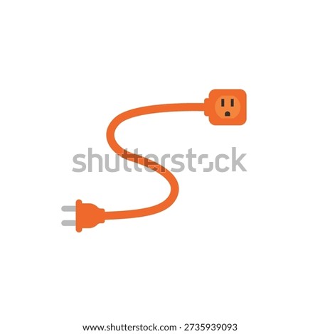 A clean, minimalist flat design vector illustration of a curved orange extension cord featuring a standard two-prong plug and a single socket. This versatile graphic is perfect for themes related to electricity, home improvement, power supply, safety equipment, and DIY workshop tools.