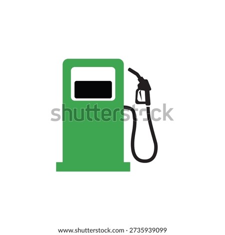 A clean, minimalist flat design vector illustration of a green gas station pump with a black nozzle and hose. Ideal for themes involving fuel, automotive services, transportation logistics, energy resources, and sustainable or eco-friendly fuel concepts.