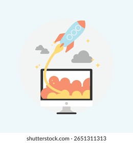 A clean, minimalist flat icon featuring a stylized rocket, perfect for space exploration, technology, or innovation-themed designs. Features bold lines and a simple color palette.