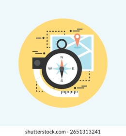 A clean, minimalist flat icon featuring a compass and map, perfect for navigation, travel, and exploration themes. This design offers a simple yet effective visual representation.