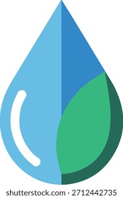 A clean, minimalist flat icon featuring a water drop combined with a leaf, designed with solid colors and sharp edges. This eco-friendly symbol is perfect for sustainability projects, green branding, 