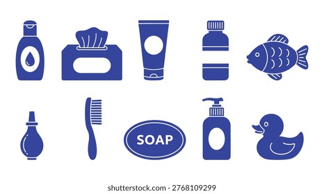 Clean and minimalist flat lay composition featuring everyday personal care items including soap, shampoo, toothbrush, and a playful rubber duck. Ideal for advertising, health campaigns, lifestyle blogs, and educational materials on hygiene and self-care.
