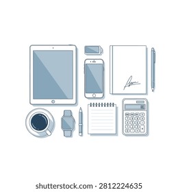 A clean and minimalist flat lay illustration featuring essential office tools, tech gadgets, and coffee. Ideal for business, productivity, and modern workspace themes.