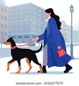 A clean and minimalist flat vector illustration of a stylish woman walking her dog.