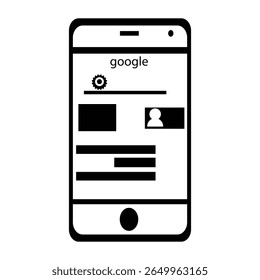 A clean and minimalist flat vector illustration of a mobile search engine user interface. This design features essential elements like a search bar, profile icon, settings gear, and content blocks – a