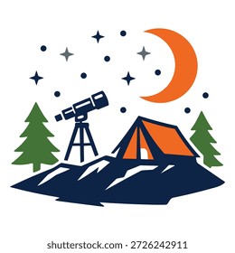 Una Ilustración vectorial plana minimalista limpia con una carpa de camping brillante y un telescopio en la cima de una montaña bajo un cielo nocturno estrellado. Perfecto para la aventura, la observación de estrellas y los diseños de camisetas de entusiastas al aire libre.