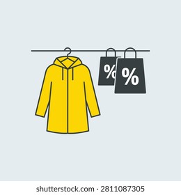A clean and minimalist flat vector illustration featuring a bright yellow hooded raincoat hanging on a rack next to two dark grey shopping bags with percentage (%) discount symbols, all set against a light grey background, representing a seasonal monsoon shopping sale.
