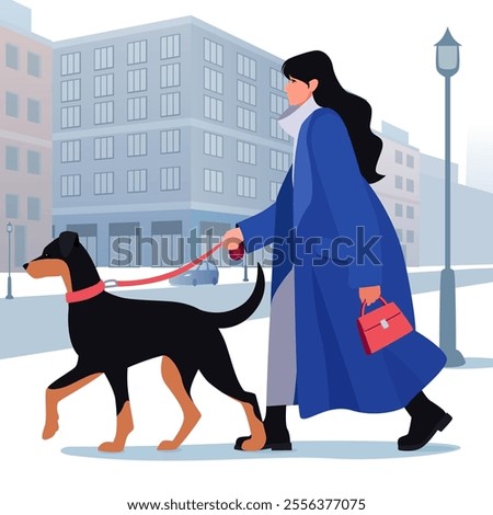 A clean and minimalist flat vector illustration of a stylish woman walking her dog.