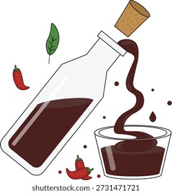 A clean, minimalist flat vector showing a deep brown, syrupy balsamic reduction or soy-based dressing. Includes a glass bottle with a cork and a small dipping bowl with a thick, glossy texture.