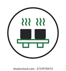 Um gráfico limpo e minimalista com dois copos de vapor sentados em uma plataforma verde limpa. A ilustração é uma representação simples e elegante de relaxamento, refresco ou um momento calmante,