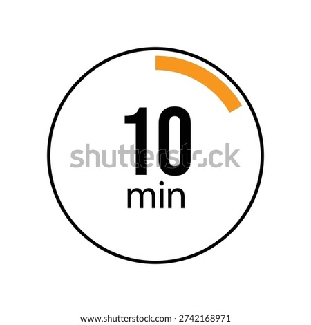 A clean minimalist graphic icon representing a ten minute duration. The design features a circular outline with an orange progress arc and the text 10 min in the center. Ideal for use in apps websites or presentations to indicate time limits cooking durations or workout intervals.