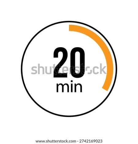 A clean and minimalist graphic icon representing a twenty minute duration. The design features the number 20 and the abbreviation min centered within a black circular border, accented by an orange progress arc indicating elapsed time or a countdown interval.