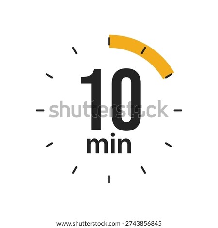 A clean and minimalist graphic icon representing a ten-minute duration. The design features the number 10 and the abbreviation min centered within a circular clock face with a yellow progress segment highlighting the time. Ideal for time management, cooking instructions, or workout intervals.