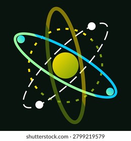 A clean minimalist graphic illustration of a subatomic particle structure depicting a central yellow nucleus surrounded by vibrant teal and olive orbital paths This scientific design uses dashed white lines and solid circles to represent electrons in motion symbolizing nuclear physics molecular chemistry renewable energy and advanced quantum technology concepts
