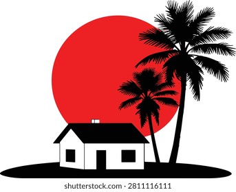 A clean and minimalist graphic vector illustration featuring a tropical island beach landscape layout. The design showcases a simple beach house bungalow cabin structure with a dark roof, a front door, and two windows, positioned on a flat, low-profile patch of land or small island. Standing tall beside the cottage are two detailed silhouette coconut palm trees, with one being significantly taller and leaning slightly outward. Dominating the background is a large, vibrant solid red circle representing the setting or rising sun, creating a strong visual focal point. Ideal for travel agency logos, summer vacation resort branding, tropical beach apparel graphics, surf shop decals, or minimalist retro posters.