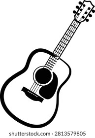 A clean and minimalist graphic vector illustration showcasing a classic six-string acoustic guitar. The design features a bold black outline of a standard dreadnought or folk guitar body, angled diagonally from bottom-left to top-right. Key structural details are clearly depicted, including the circular soundhole surrounded by simple rosette rings, a curved dark pickguard attached below the strings, a bridge block securing the strings to the body, a long fretboard neck with visible fret markers, and a headstock at the top fitted with six tuning pegs (three on each side). Ideal for music store logos, live concert event flyers, guitar lesson school branding, recording studio marketing materials, or minimalist music-themed vinyl stickers and apparel prints.