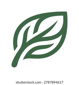 A clean, minimalist green leaf icon vector illustration, representing nature, eco-friendly concepts, sustainability, and organic products on a white background.