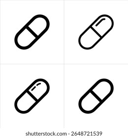 A clean, minimalist grid displays four distinct capsule pill icons outlined in black, set against a stark white background. The simple, graphic shapes are uniformly spaced.