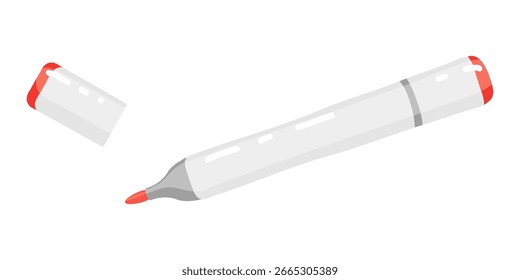 Una Ilustración vectorial dibujada a mano limpia y minimalista de un rotulador rojo abierto. La Imagen muestra el marcador con la tapa quitada, listo para ser utilizado para escribir, dibujar o resaltar. Este gráfico es
