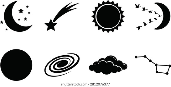 A clean, minimalist, and highly versatile vector graphic collection featuring eight distinct astronomical, celestial, and night sky-themed silhouettes arranged in a two-row grid format. The top row showcases a crescent moon surrounded by a cluster of small twinkling stars, a shooting star comet with a long dynamic tail trailing upward to the right, a classic blazing sun icon with sharp triangular rays, and a V-formation flock of birds flying past a large crescent moon backdrop. The bottom row features a solid circular planet or full moon sphere, a swirling spiral galaxy with multiple cosmic arms, a layered cumulus cloud formation, and the recognizable Big Dipper Ursa Major constellation map composed of connected dots and lines. Each graphic is rendered as a solid, high-contrast black shape on a plain white background, capturing clean symbolic contours with sharp edges. Ideal for astrology or astronomy branding, mystical or celestial-themed party invitations, sci-fi apparel designs, minimalist sticker packs, paper cutting templates, or vinyl crafting decals.