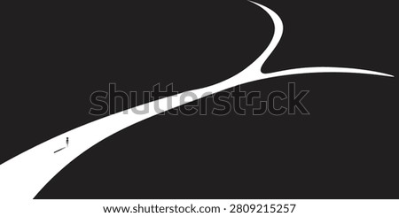 A clean, minimalist, and high-visibility conceptual vector illustration, featuring a stark black and white layout depicting a difficult choice metaphor. A tiny black silhouette of a businessman or traveler stands near the beginning of a broad white path that snakes upward before cleanly dividing into two separate curved directions at a crossroads. The surrounding expansive solid black areas provide extensive blank copy space for corporate strategy text, business risk analysis, decision-making consulting advertisements, or philosophical lifestyle articles. This versatile design asset beautifully symbolizes career crossroads, strategic alternatives, uncertainty, choosing a destiny, and critical dilemma points. Perfectly tailored for professional presentation slides, book cover designs, editorial layouts, financial risk assessment charts, and modern inspirational posters