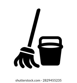 Clean minimalist icon featuring a broom and bucket, representing floor cleaning, housekeeping, sanitation, janitorial work, and household maintenance. Ideal for professional cleaning companies, facility management, residential services, commercial maintenance, hygiene materials, and service branding.