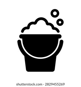 Clean minimalist icon featuring a bucket filled with soapy foam and bubbles, representing washing, cleaning, sanitation, housekeeping, and household maintenance. Ideal for janitorial services, cleaning companies, hygiene products, home care, commercial maintenance, and professional cleaning materials.