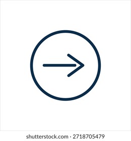 Ícone limpo e minimalista com contorno azul escuro de uma seta para a direita, delimitado por uma borda circular correspondente. O design é definido contra um fundo branco puro, tornando-o suita
