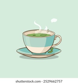 A clean, minimalist icon featuring a steaming tea cup with a sprig of mint and a single tea bag. Designed with simple shapes and colors on a plain background for versatile use