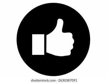 A clean, minimalist icon featuring a white "thumbs up" symbol set within a solid black circular background. This graphic representation universally signifies approval, agreement, "like," or positivity
