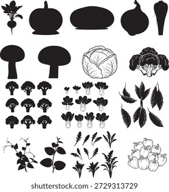 Un conjunto de iconos limpios y minimalistas con una variedad de verduras frescas en siluetas negras sólidas, que incluyen remolacha, brócoli, repollo, ajo y más. Ideal para marcas de alimentos, etiquetas orgánicas, App de recetas o diseños de alimentación saludable.
