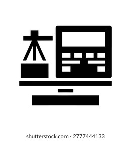 Clean minimalist icon set featuring a film camera on tripod and computer monitor, perfect for technology, media, and education-related designs. Ideal for apps, websites, and presentations.